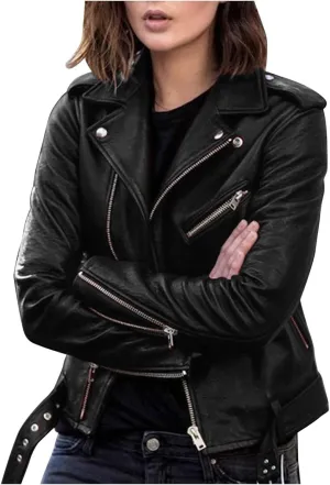 Motorcycle Jackets for Women Faux Leather Full Zip Up Trendy Casual Plus Size Slim Fitted Fall Short Coat with Belt