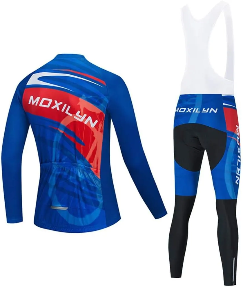 MOXILYN Mens Cycling Clothes Bike Jersey Kit MTB Long Sleeve Cycling Jersey Set Bike Bibs with 20D Gel Pad