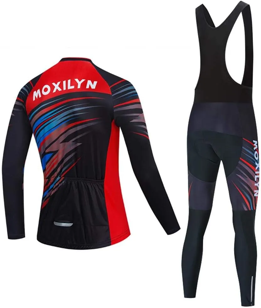 MOXILYN Mens Cycling Clothes Bike Jersey Kit MTB Long Sleeve Cycling Jersey Set Bike Bibs with 20D Gel Pad