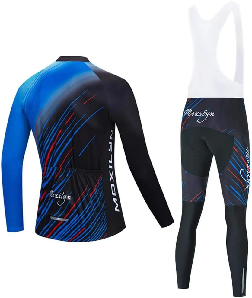 MOXILYN Mens Cycling Clothes Bike Jersey Kit MTB Long Sleeve Cycling Jersey Set Bike Bibs with 20D Gel Pad