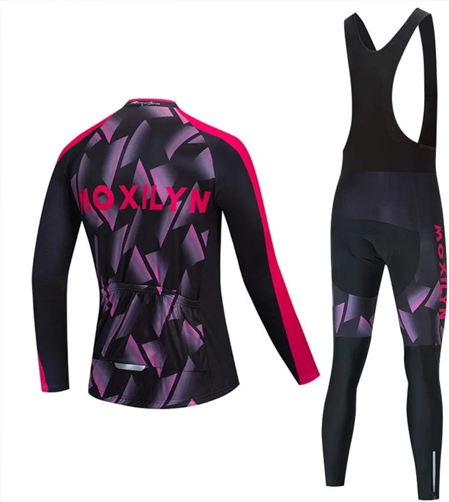 MOXILYN Mens Cycling Clothes Bike Jersey Kit MTB Long Sleeve Cycling Jersey Set Bike Bibs with 20D Gel Pad
