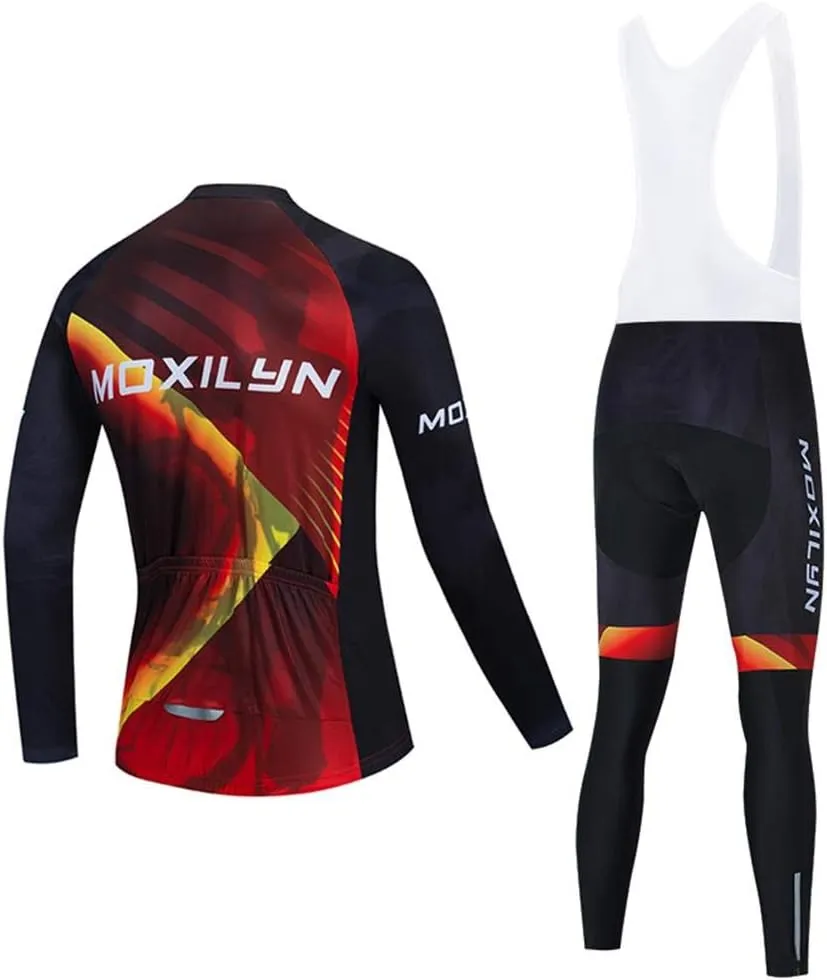 MOXILYN Mens Cycling Clothes Bike Jersey Kit MTB Long Sleeve Cycling Jersey Set Bike Bibs with 20D Gel Pad