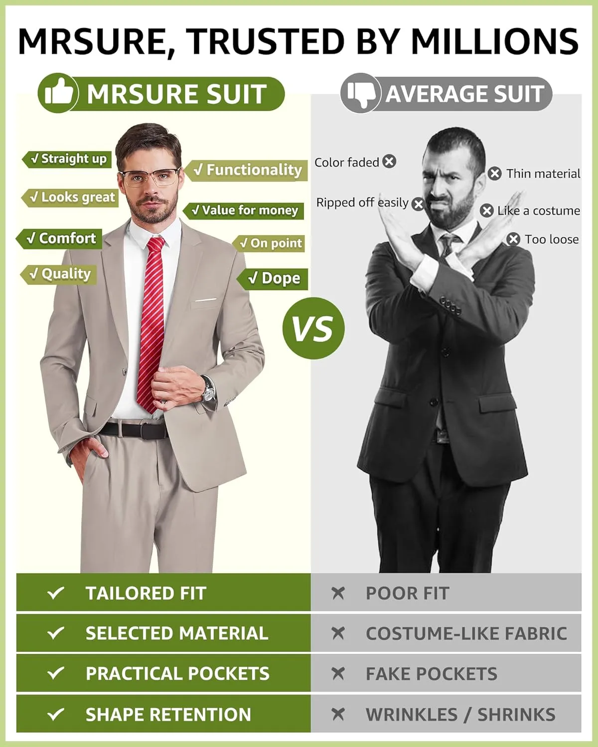 MrSure Men's Suit, 2 Piece Slim Fit Jacket and Pants with Tie, One Button Blazer Trouser for Weddings Proms