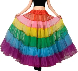 Multicolored Rainbow A-Line Skirt Pleated Floor Length Mesh Petticoat