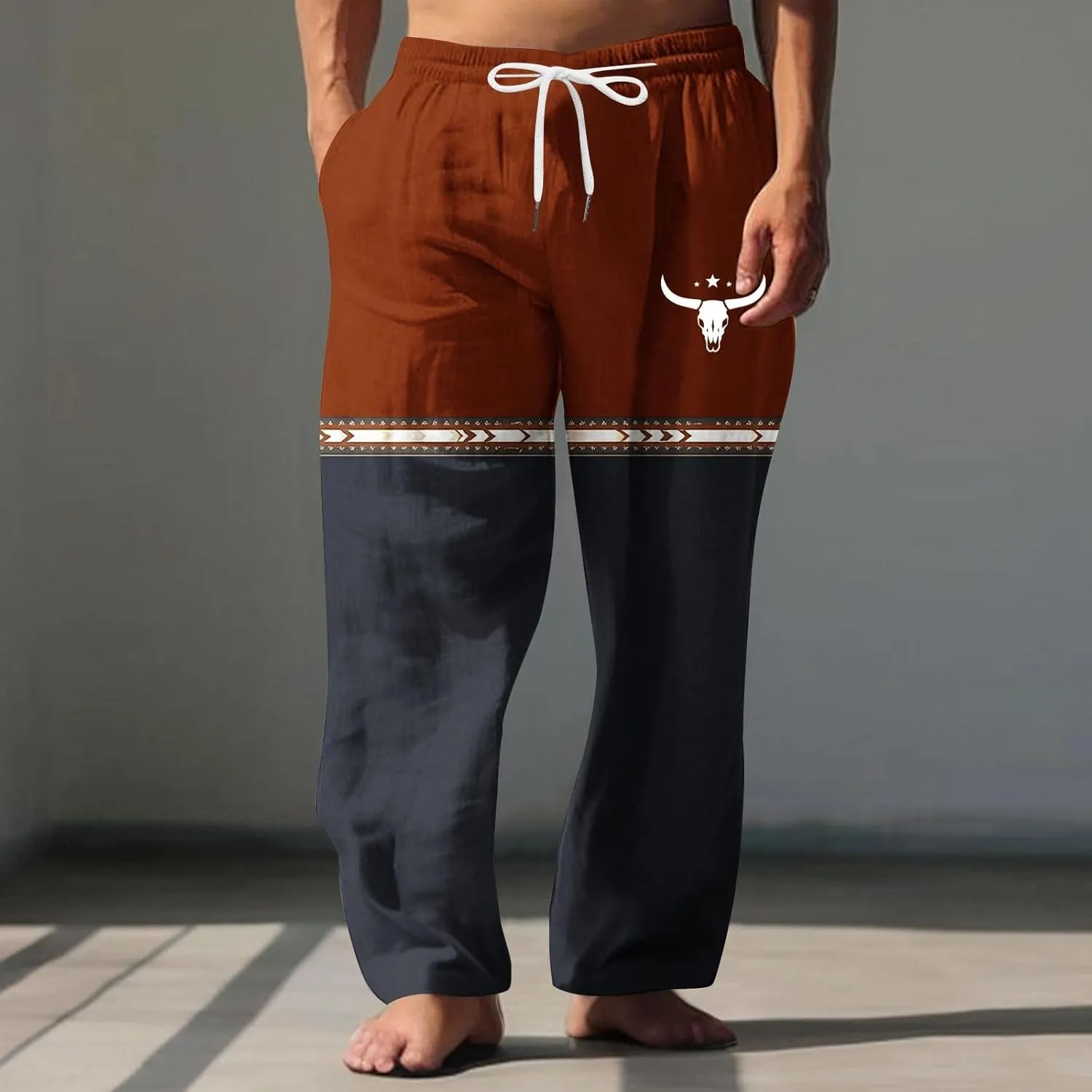 Muscularfit Linen Pant for Men Summer Casual Drawstring Elastic Waist Baggy Trouser with Pockets Ethnic Print Beach Sweatpant