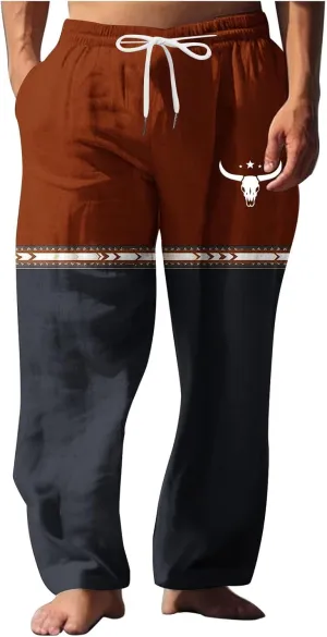 Muscularfit Linen Pant for Men Summer Casual Drawstring Elastic Waist Baggy Trouser with Pockets Ethnic Print Beach Sweatpant