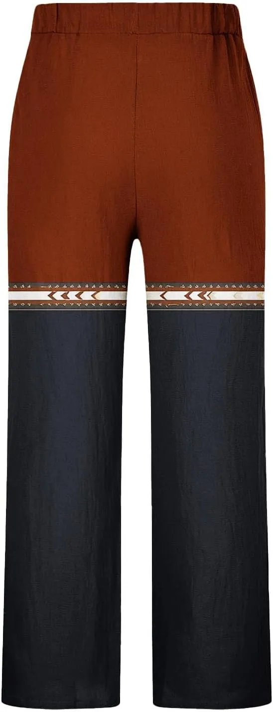 Muscularfit Linen Pant for Men Summer Casual Drawstring Elastic Waist Baggy Trouser with Pockets Ethnic Print Beach Sweatpant