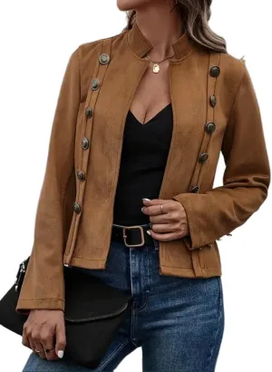 Mywinway Cropped Suede Jacket for Women 2024 Fall Winter Y2k Faux Leather Crop Blazer Jackets