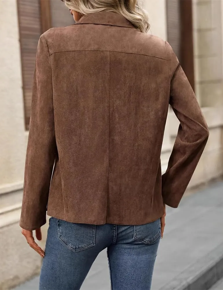 Mywinway Suede Jacket for Women 2024 Fall Winter Y2k Faux Leather Open Front Coat Outwear Blazer Jackets
