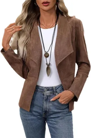Mywinway Suede Jacket for Women 2024 Fall Winter Y2k Faux Leather Open Front Coat Outwear Blazer Jackets