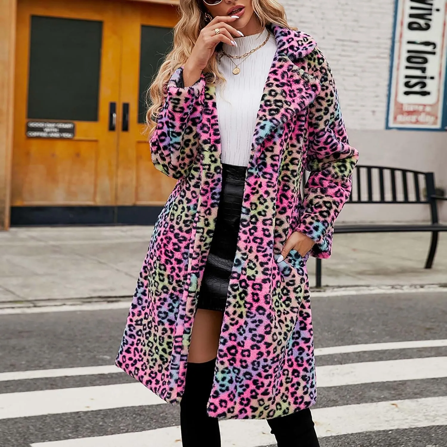 Mzkdieey Women Leopard Print Fleece Coat Winter Warm Lapel Faux Fur Fluffy Jacket Spring and Winter Fashion Cardigan Overcoat