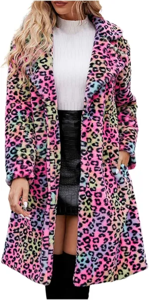 Mzkdieey Women Leopard Print Fleece Coat Winter Warm Lapel Faux Fur Fluffy Jacket Spring and Winter Fashion Cardigan Overcoat