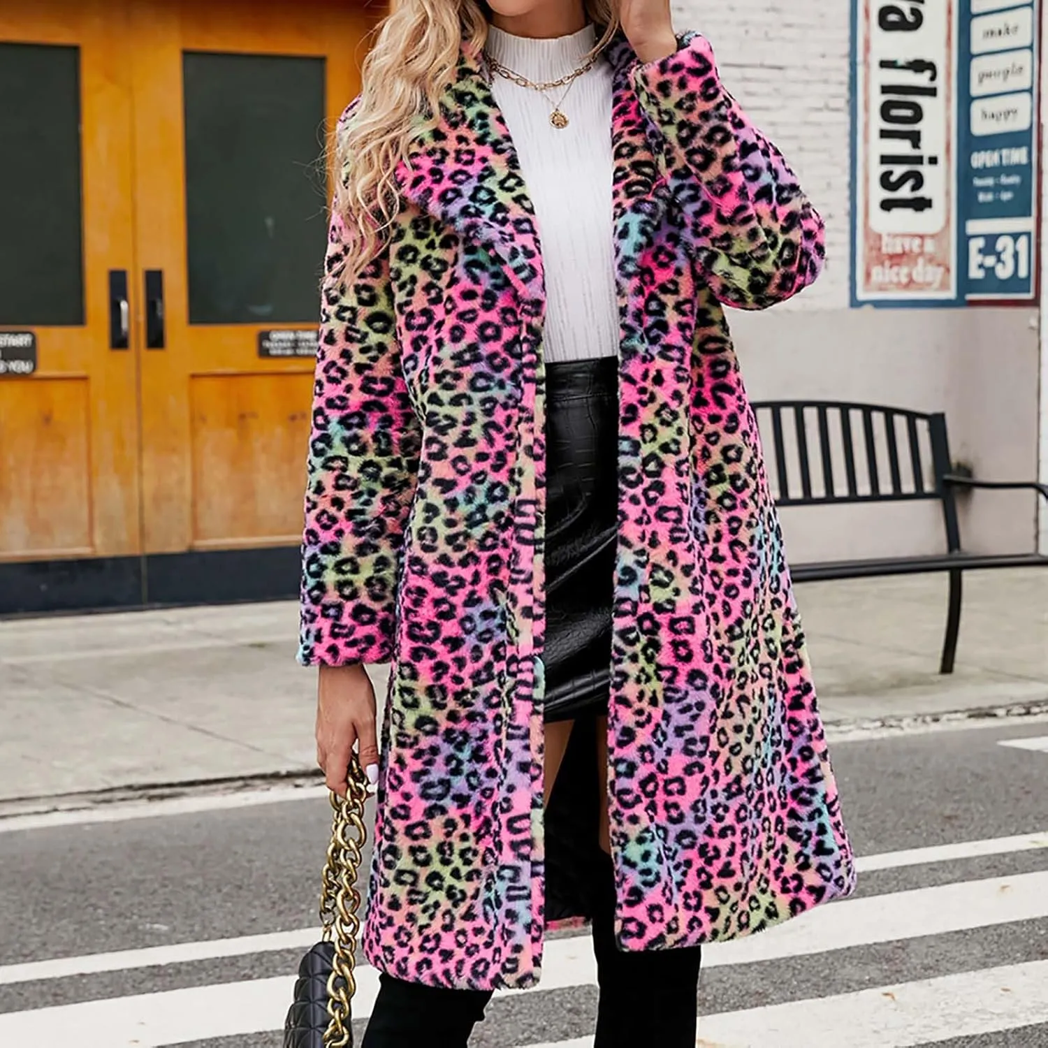 Mzkdieey Women Leopard Print Fleece Coat Winter Warm Lapel Faux Fur Fluffy Jacket Spring and Winter Fashion Cardigan Overcoat