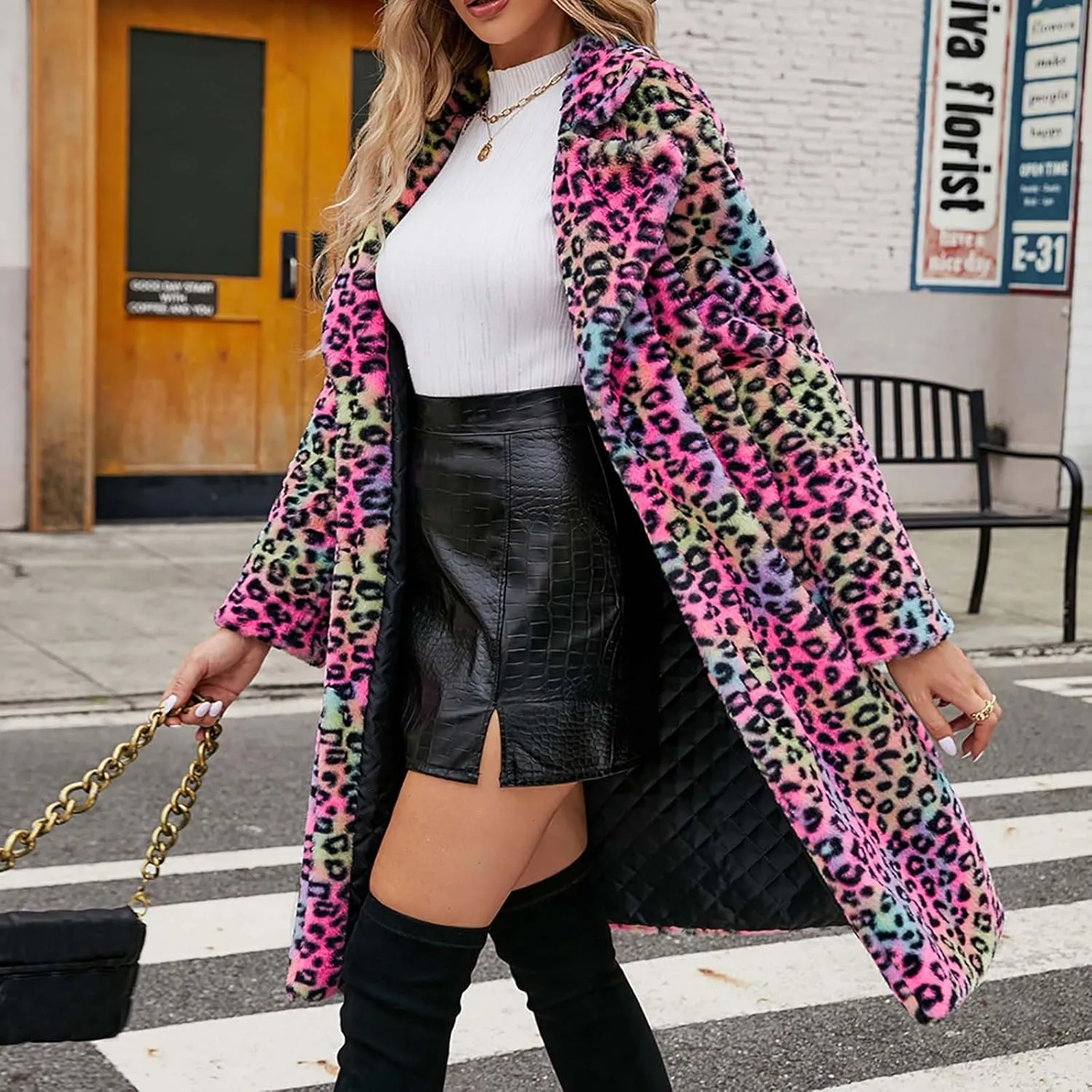 Mzkdieey Women Leopard Print Fleece Coat Winter Warm Lapel Faux Fur Fluffy Jacket Spring and Winter Fashion Cardigan Overcoat