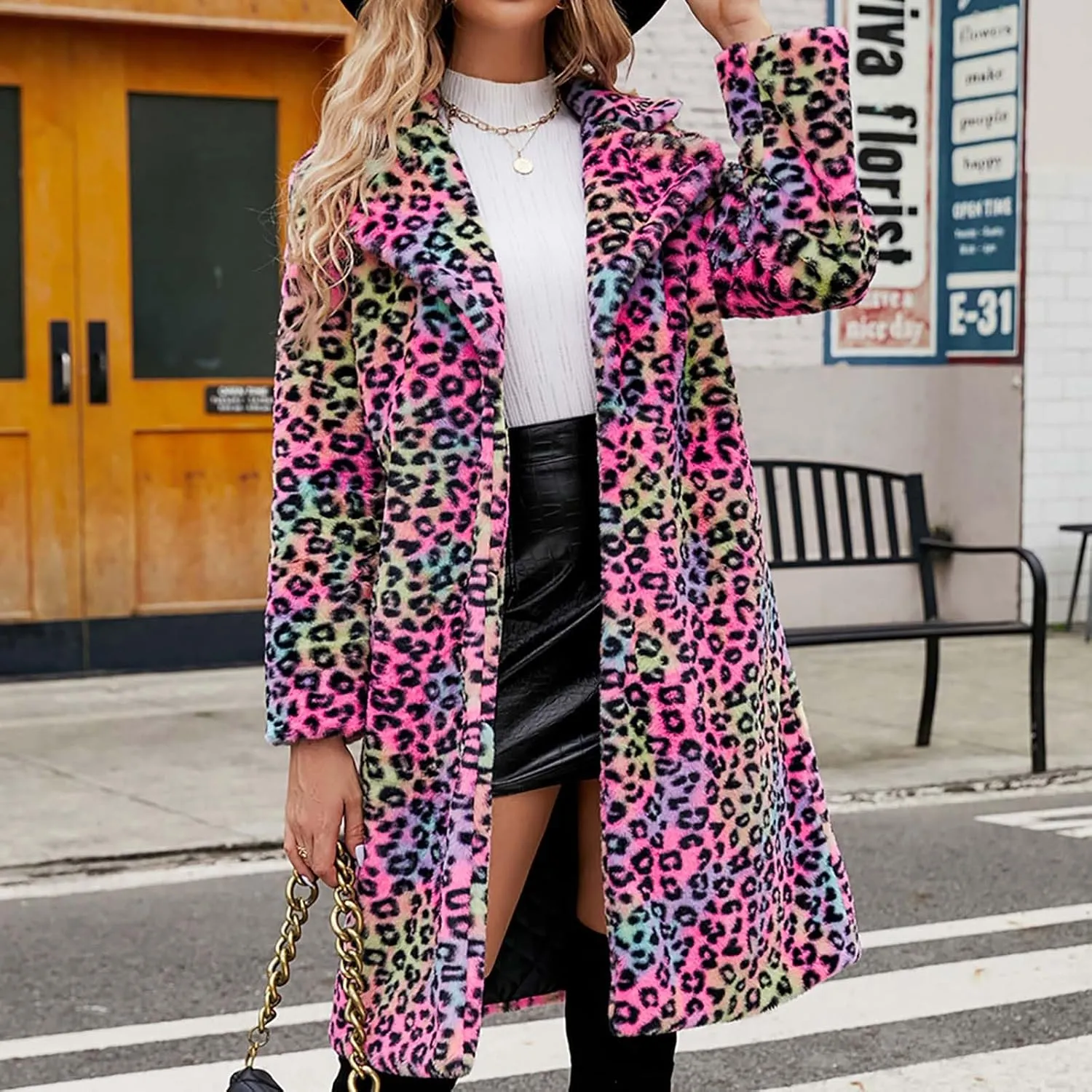 Mzkdieey Women Leopard Print Fleece Coat Winter Warm Lapel Faux Fur Fluffy Jacket Spring and Winter Fashion Cardigan Overcoat