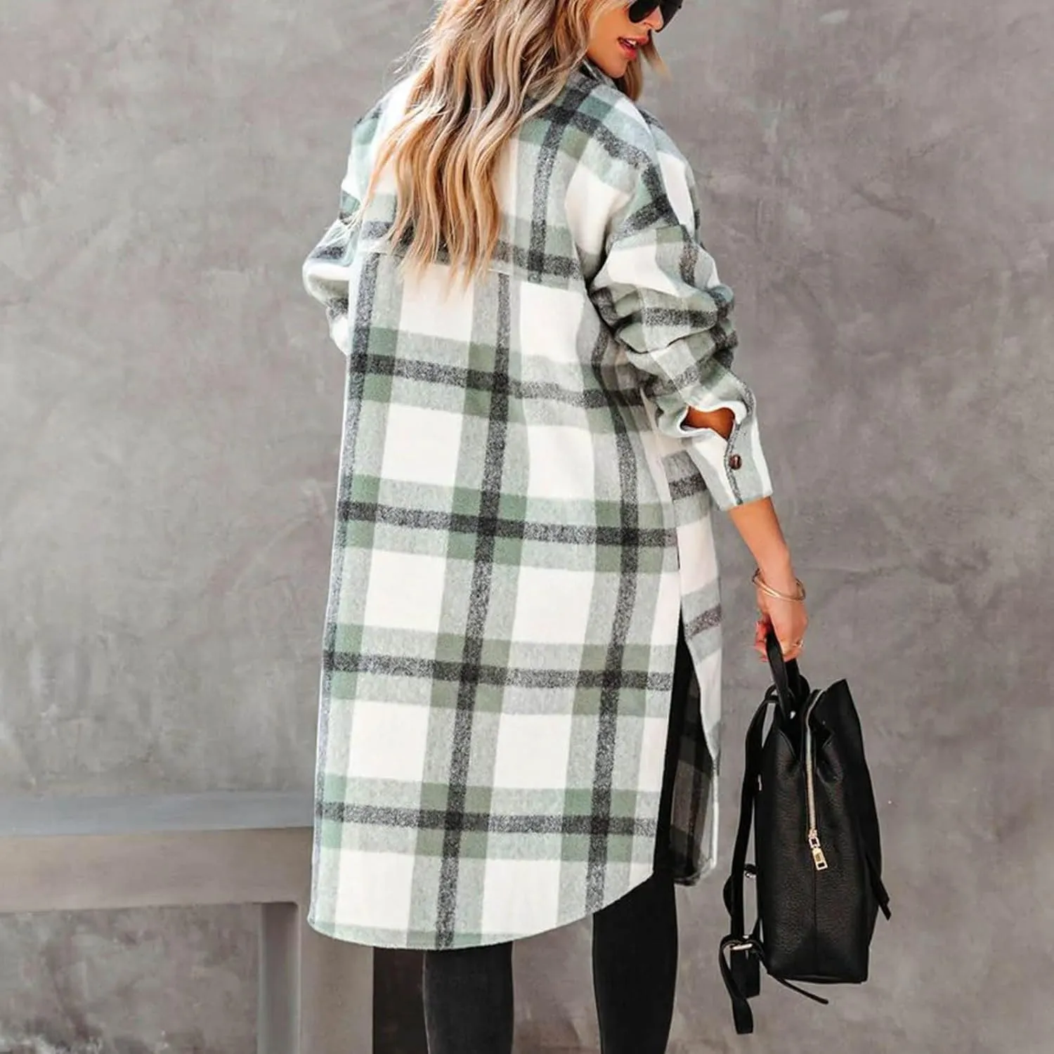 Mzkdieey Women Long Flannel Plaid Jacket Shacket Lounge Lapel Boyfriend Button Down Tartan Over Shirt Trench Coat with Pocket