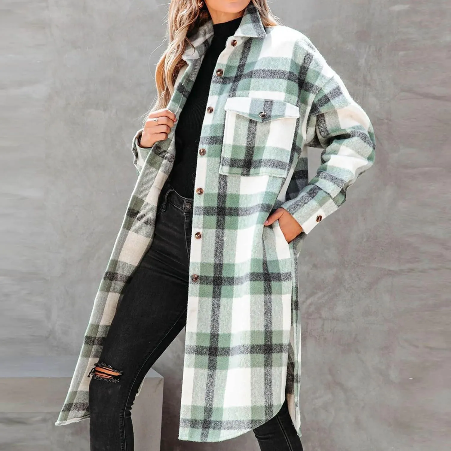 Mzkdieey Women Long Flannel Plaid Jacket Shacket Lounge Lapel Boyfriend Button Down Tartan Over Shirt Trench Coat with Pocket