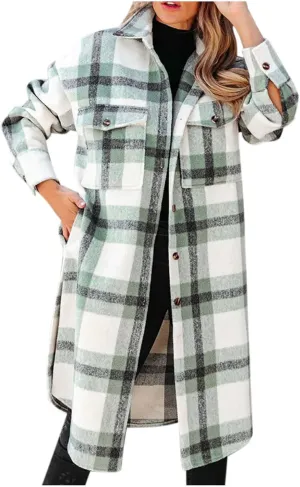 Mzkdieey Women Long Flannel Plaid Jacket Shacket Lounge Lapel Boyfriend Button Down Tartan Over Shirt Trench Coat with Pocket