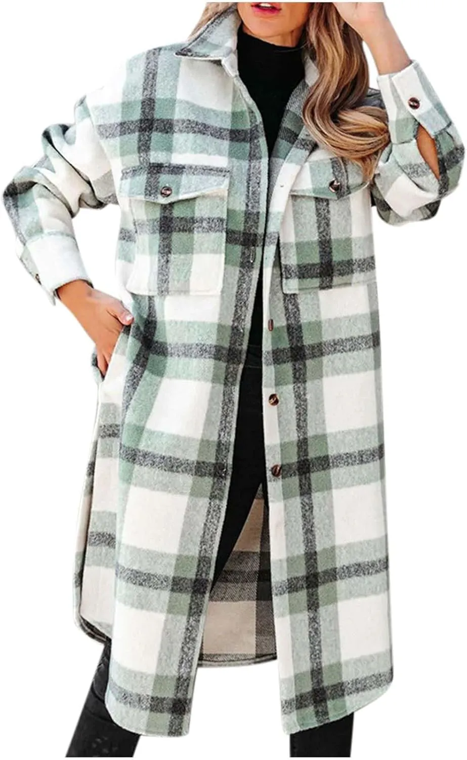 Mzkdieey Women Long Flannel Plaid Jacket Shacket Lounge Lapel Boyfriend Button Down Tartan Over Shirt Trench Coat with Pocket