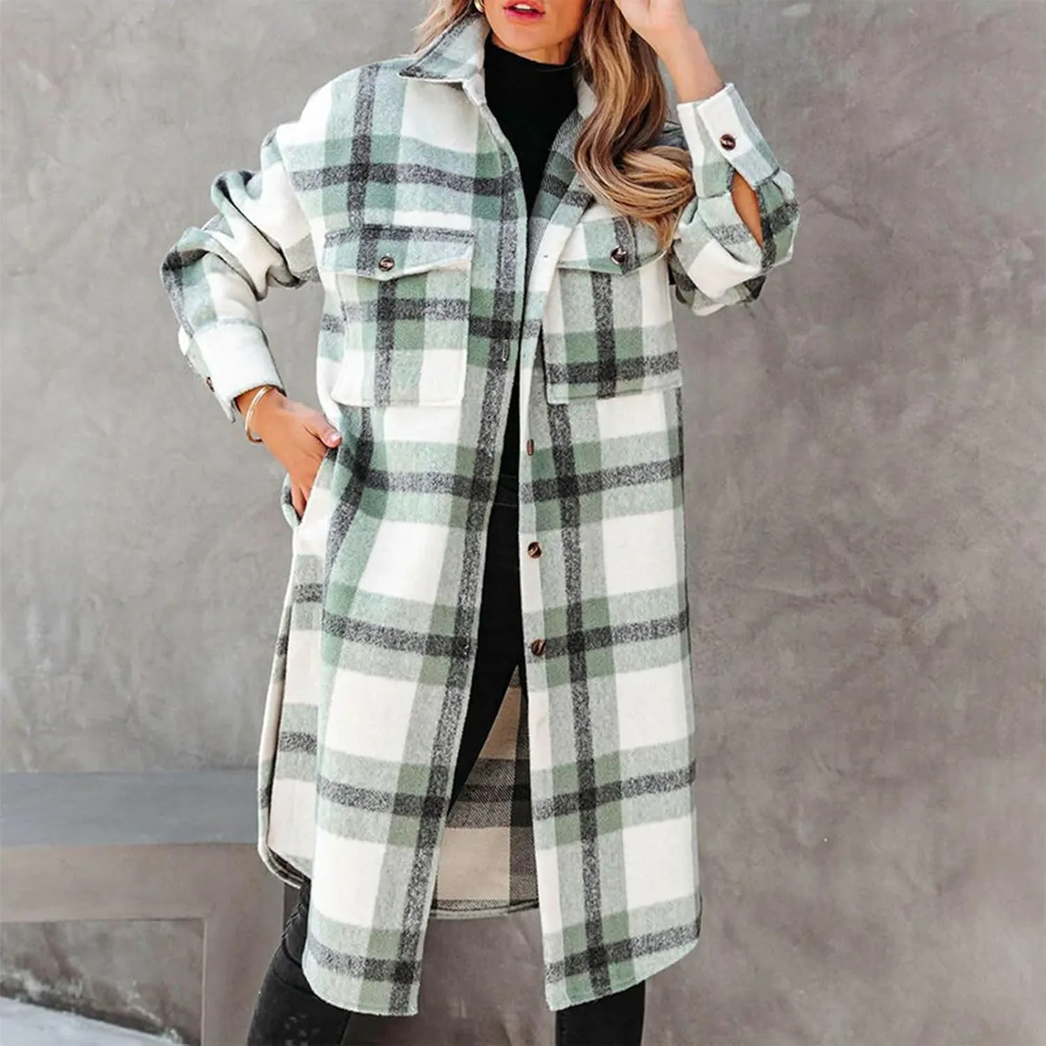 Mzkdieey Women Long Flannel Plaid Jacket Shacket Lounge Lapel Boyfriend Button Down Tartan Over Shirt Trench Coat with Pocket
