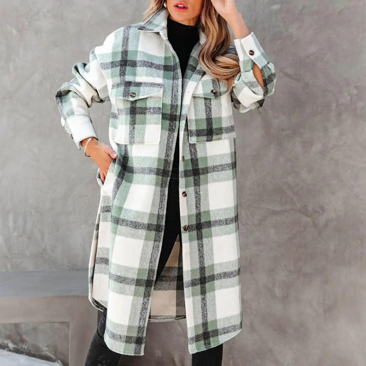 Mzkdieey Women Long Flannel Plaid Jacket Shacket Lounge Lapel Boyfriend Button Down Tartan Over Shirt Trench Coat with Pocket