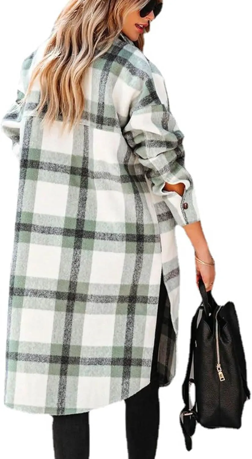 Mzkdieey Women Long Flannel Plaid Jacket Shacket Lounge Lapel Boyfriend Button Down Tartan Over Shirt Trench Coat with Pocket