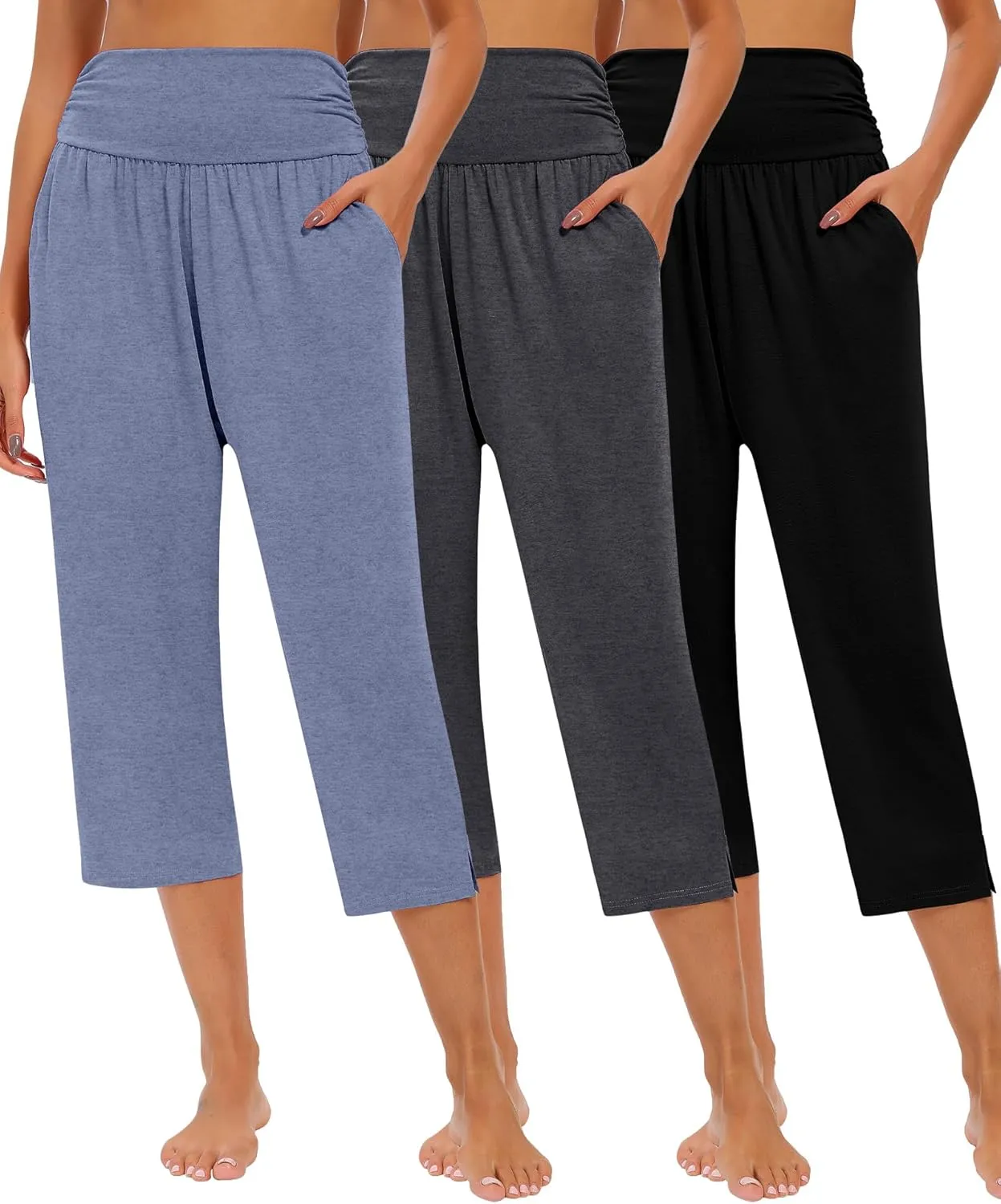 Neer 3 Pack Capri Pants for Women Casual Summer Lounge Yoga Pants Crop High Waist Loose Fit Sweatpants Pajamas with Pockets