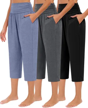Neer 3 Pack Capri Pants for Women Casual Summer Lounge Yoga Pants Crop High Waist Loose Fit Sweatpants Pajamas with Pockets