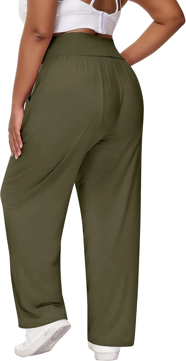 Neer 3 Pack Women Plus Size Wide Leg Yoga Pants High Waist Sweatpants Plus Size Palazzo Pants Lounge with Pockets