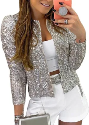 nqgsntc Women Sequin Blazer Open Front Jacket Party Christmas Puff Sleeve Sparkly Coats