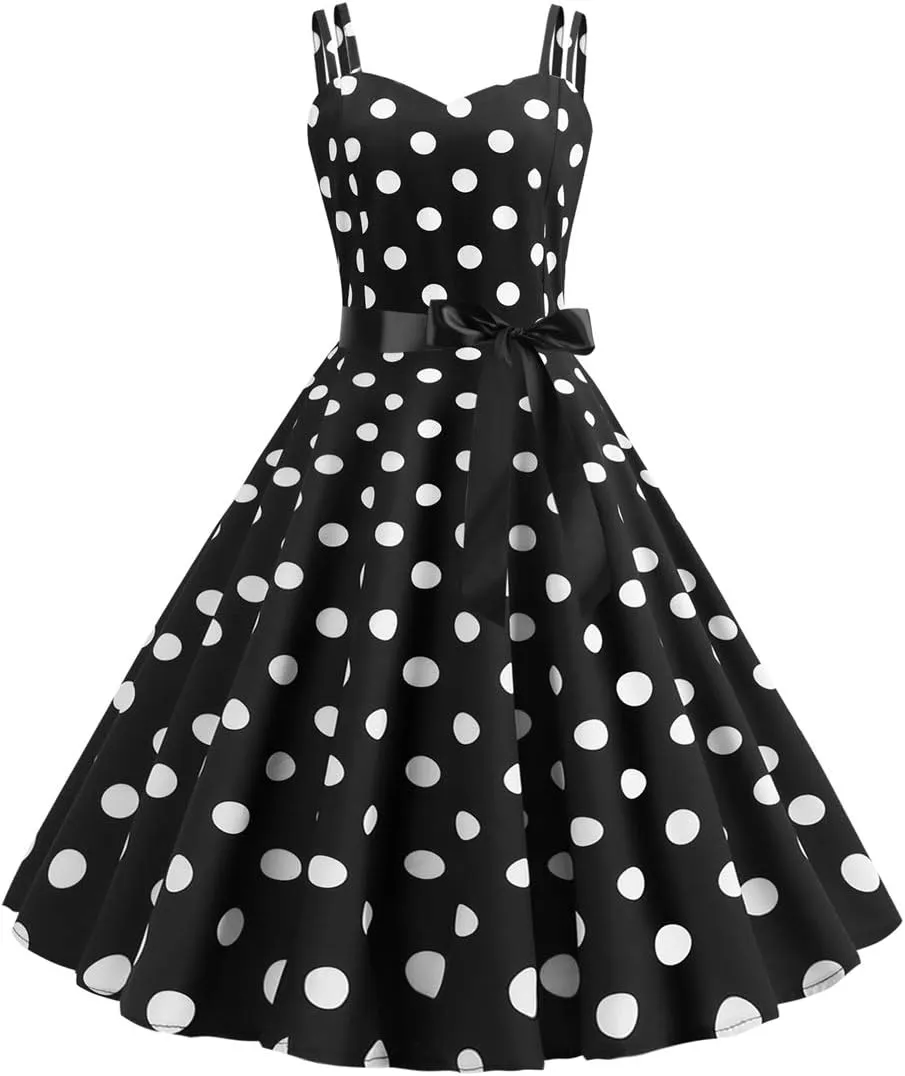 ODIZLI Women's Vintage Dress 1950s 1960s Polka Dot Dress Sling A-Line Dresses