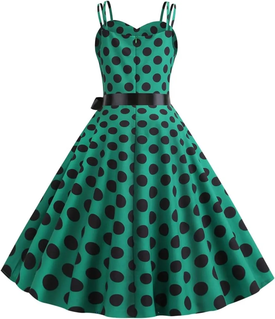 ODIZLI Women's Vintage Dress 1950s 1960s Polka Dot Dress Sling A-Line Dresses