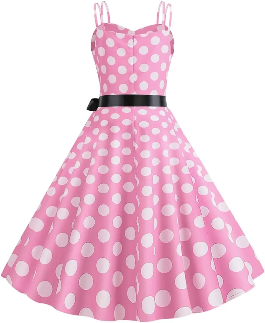ODIZLI Women's Vintage Dress 1950s 1960s Polka Dot Dress Sling A-Line Dresses