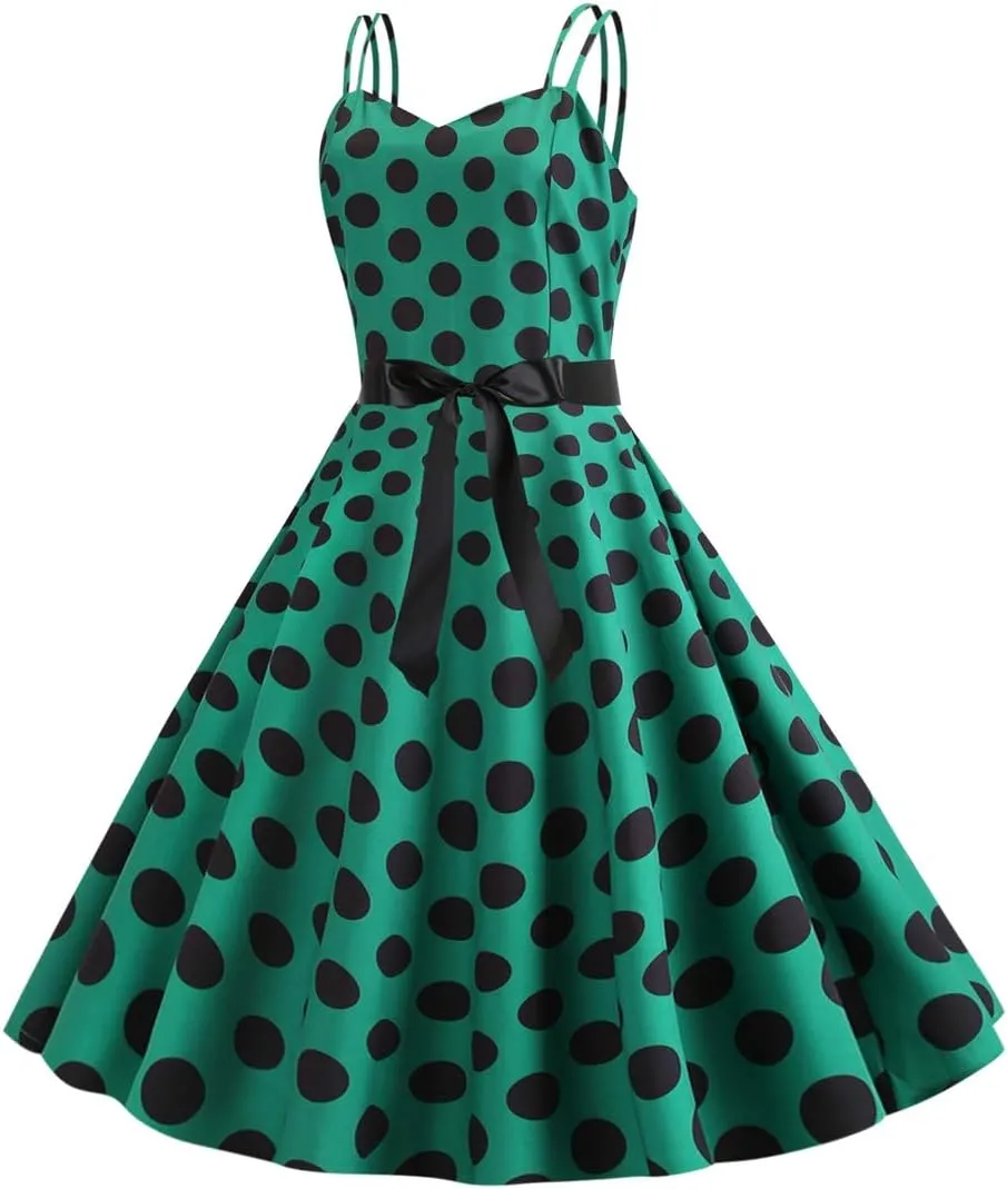 ODIZLI Women's Vintage Dress 1950s 1960s Polka Dot Dress Sling A-Line Dresses