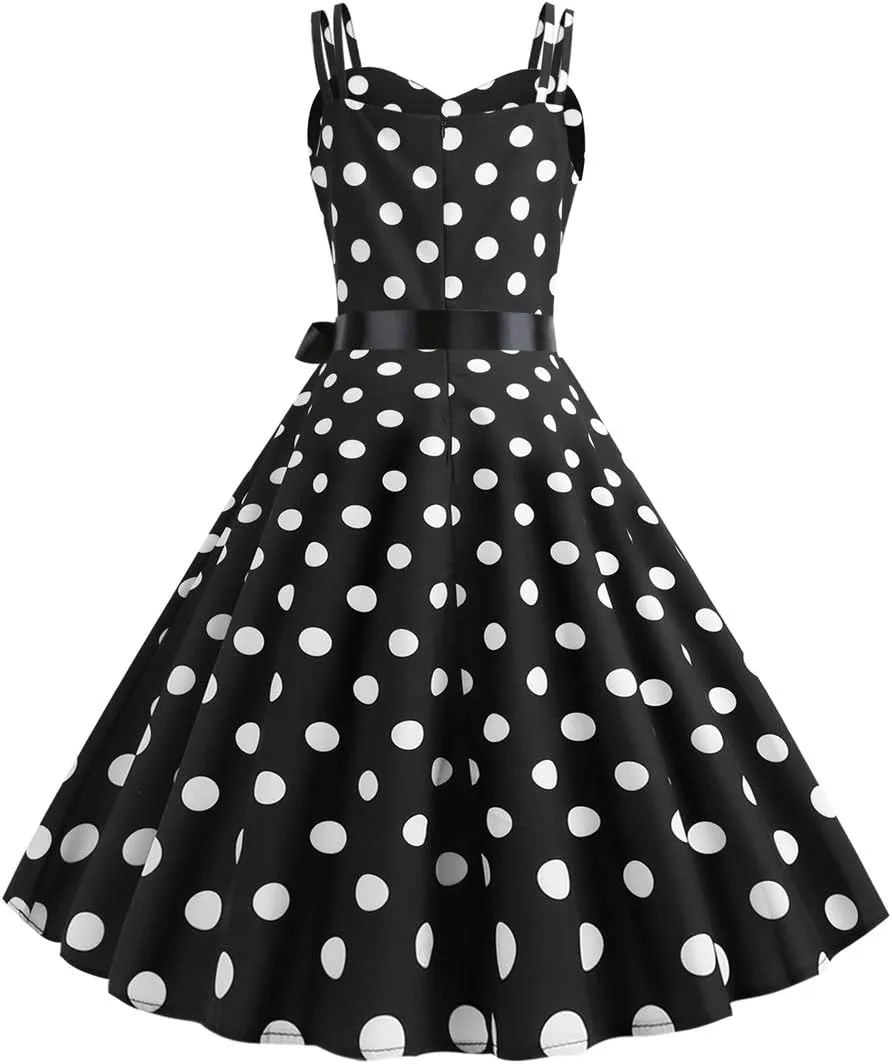 ODIZLI Women's Vintage Dress 1950s 1960s Polka Dot Dress Sling A-Line Dresses