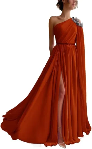 One Shoulder Beaded Bridesmaid Dresses Long Sexy Chiffon Side Split A-Line Pleated Prom Formal Dresses with Belt
