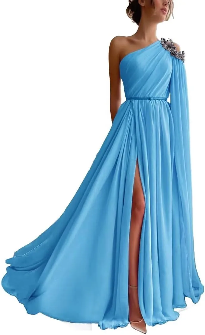 One Shoulder Beaded Bridesmaid Dresses Long Sexy Chiffon Side Split A-Line Pleated Prom Formal Dresses with Belt