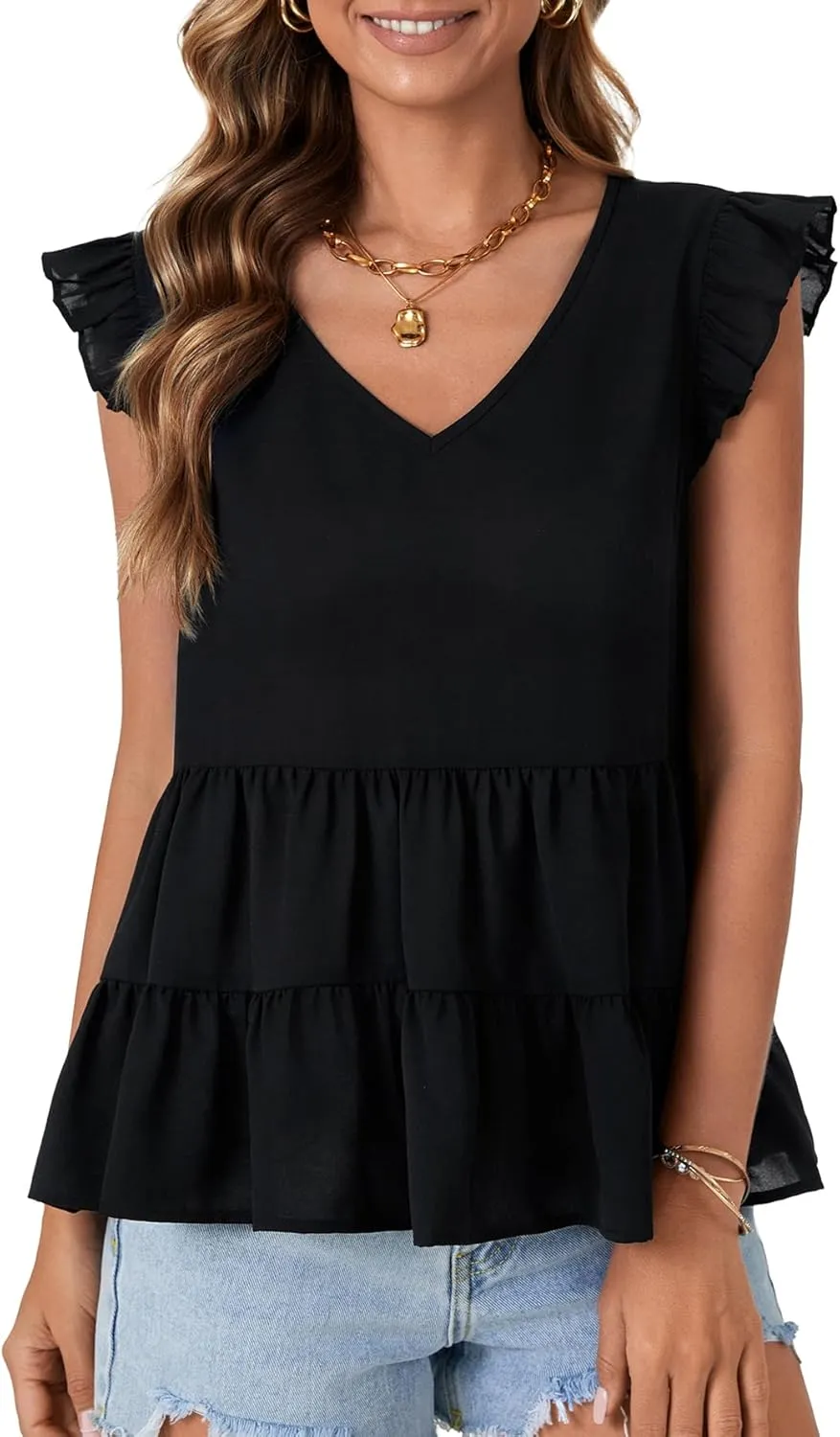 OPOIPIN Women's Casual V Neck Babydoll Tank Top Sleeveless Ruffle Hem Peplum Shirt