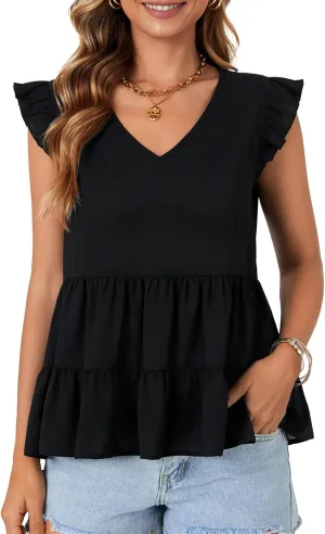 OPOIPIN Women's Casual V Neck Babydoll Tank Top Sleeveless Ruffle Hem Peplum Shirt