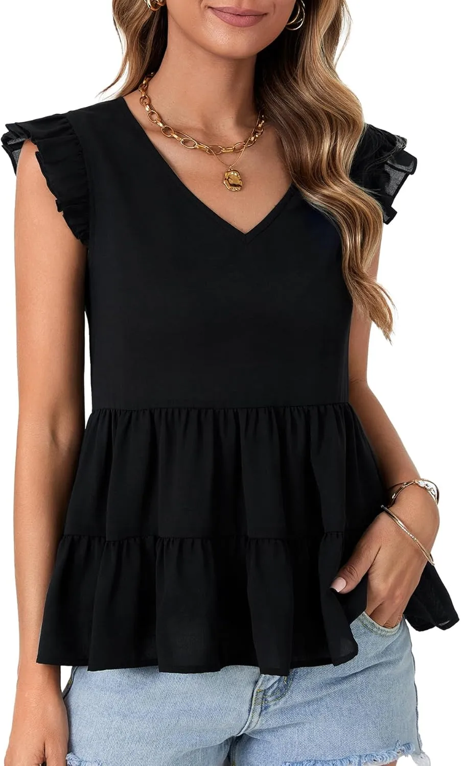 OPOIPIN Women's Casual V Neck Babydoll Tank Top Sleeveless Ruffle Hem Peplum Shirt