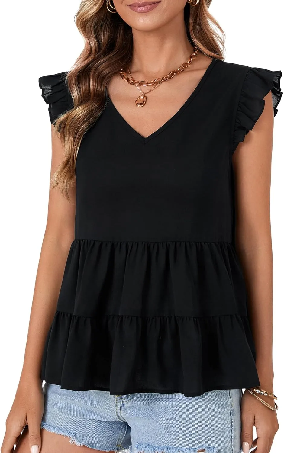 OPOIPIN Women's Casual V Neck Babydoll Tank Top Sleeveless Ruffle Hem Peplum Shirt