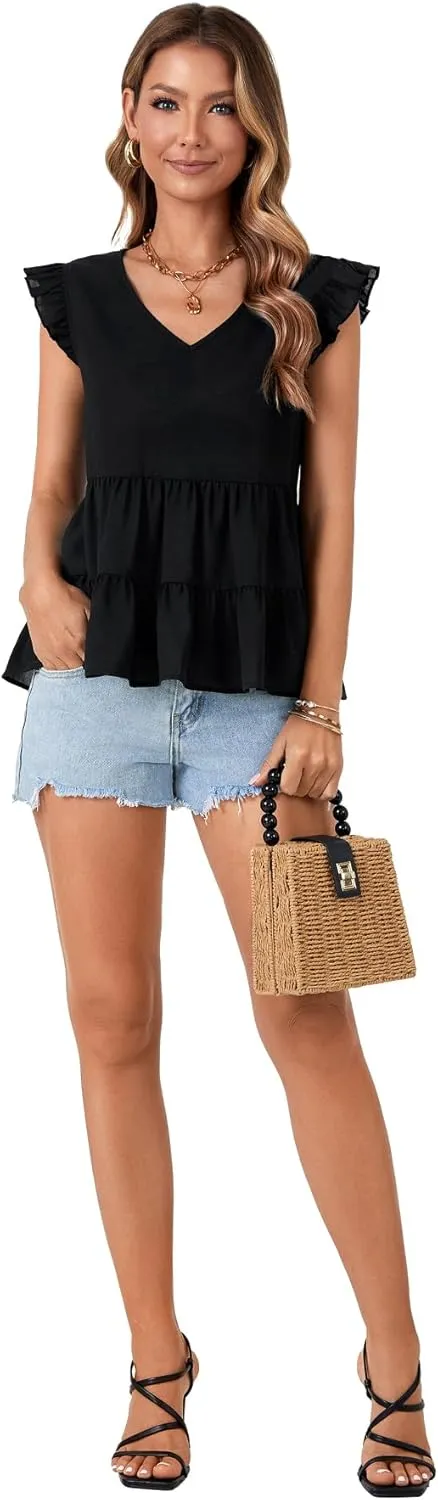 OPOIPIN Women's Casual V Neck Babydoll Tank Top Sleeveless Ruffle Hem Peplum Shirt