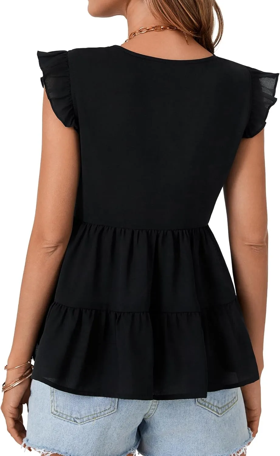 OPOIPIN Women's Casual V Neck Babydoll Tank Top Sleeveless Ruffle Hem Peplum Shirt