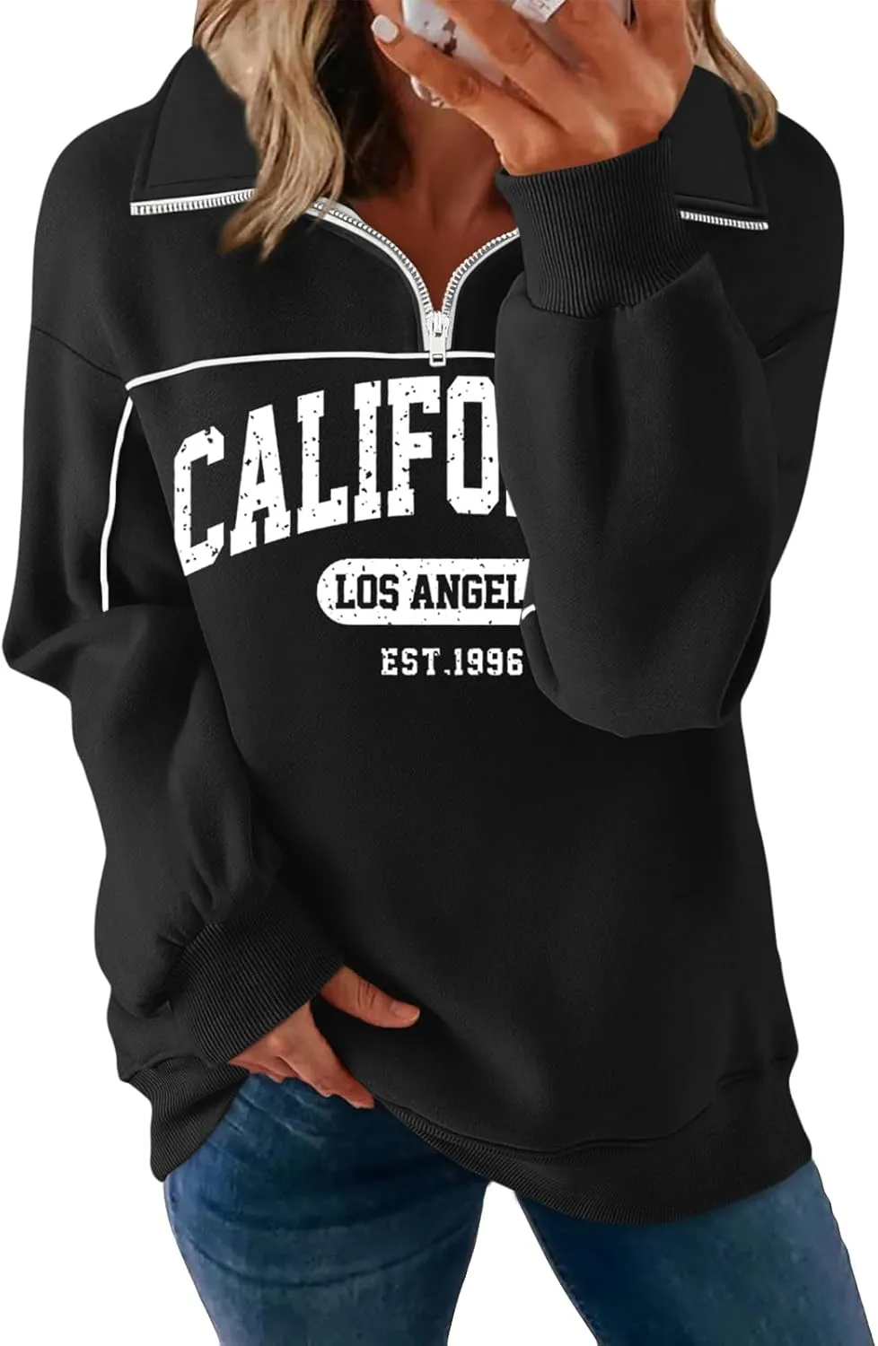 ORANDESIGNE Womens Oversized Graphic Sweatshirts Quarter Zip Pullover Fleece Letter Print Hoodies Trendy Clothes 2025