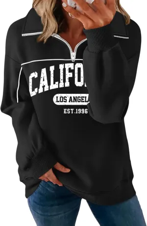 ORANDESIGNE Womens Oversized Graphic Sweatshirts Quarter Zip Pullover Fleece Letter Print Hoodies Trendy Clothes 2025