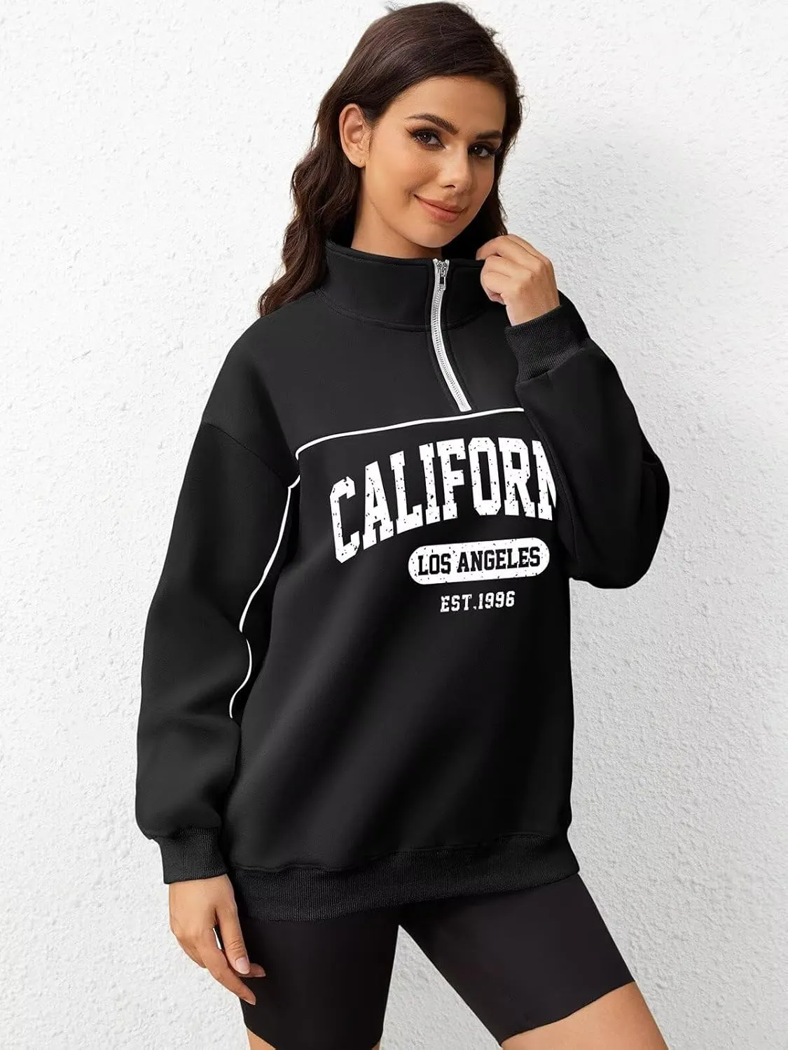 ORANDESIGNE Womens Oversized Graphic Sweatshirts Quarter Zip Pullover Fleece Letter Print Hoodies Trendy Clothes 2025