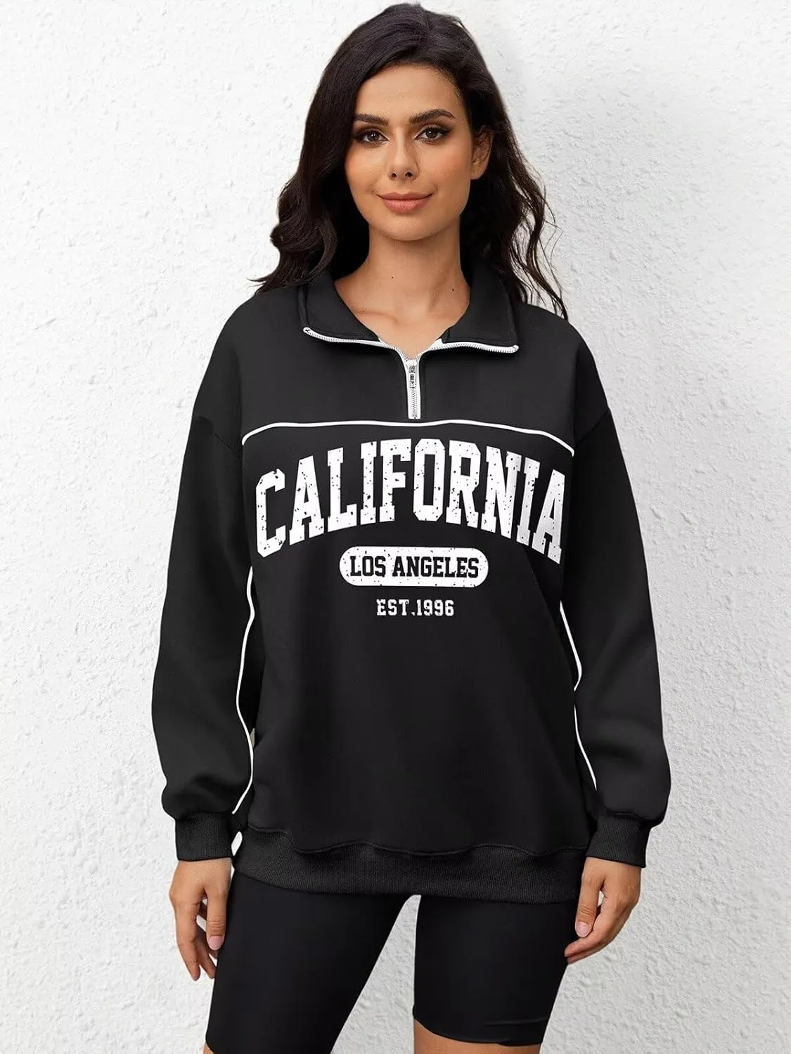 ORANDESIGNE Womens Oversized Graphic Sweatshirts Quarter Zip Pullover Fleece Letter Print Hoodies Trendy Clothes 2025