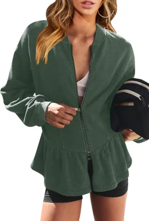Orchidays Women's Zip Up Peplum Sweatshirts Jackets Long Sleeve Casual Loose Outwear Ruffle Hem Cardigan