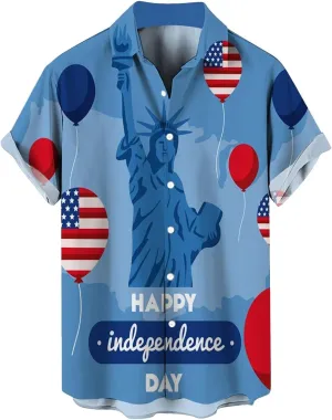 Patriotic Shirts for Men 4th of July Casual Beach Collarless Shirts Men's Short Sleeve Button Up Linen Shirts Summer