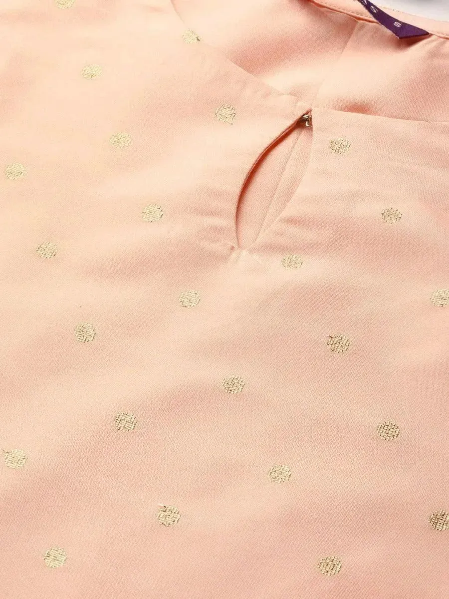 Peach Woven Design Chanderi Silk Straight Kurta With Palazzos & Dupatta